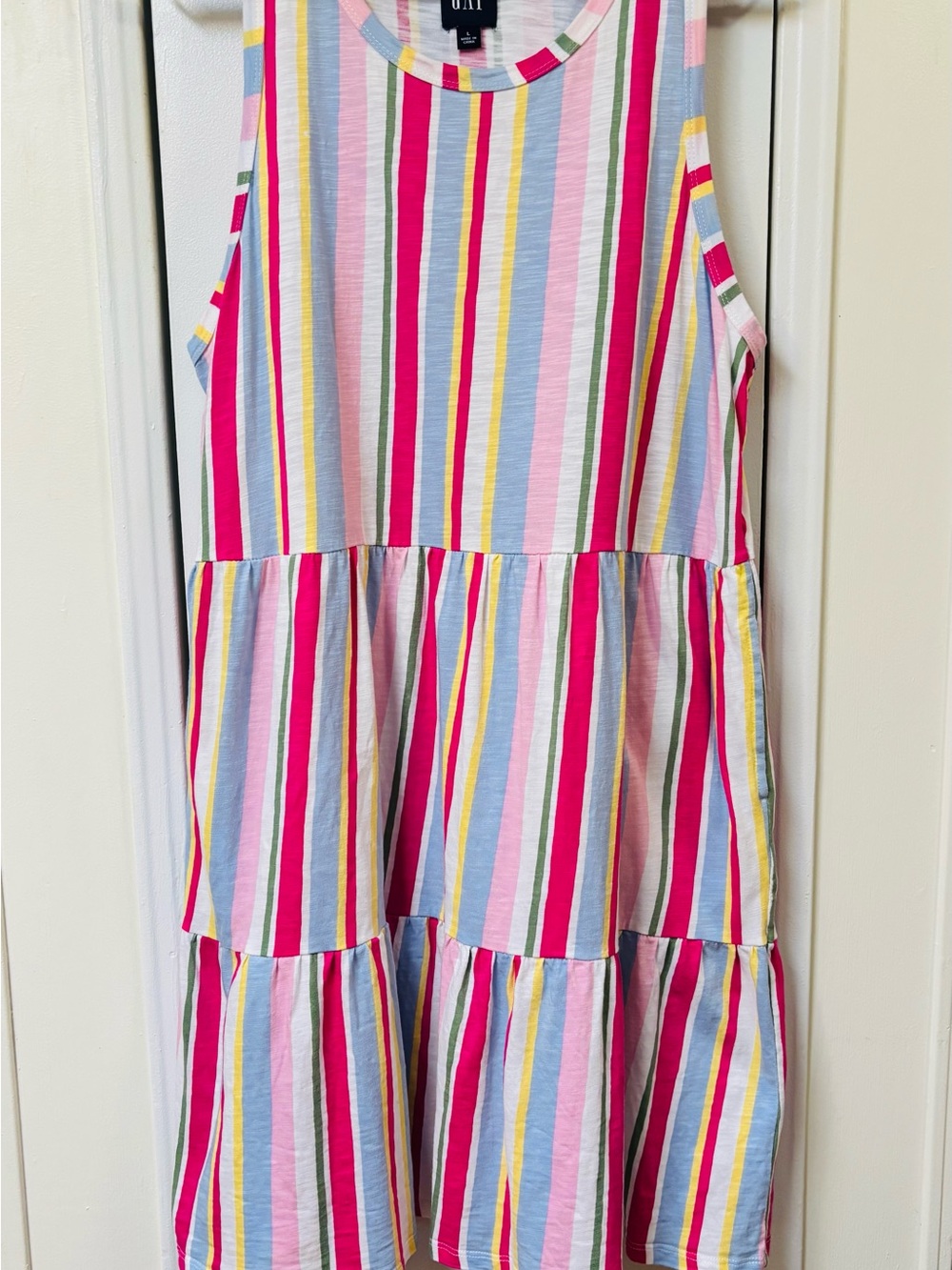 GAP Sleeveless Multi-Stripe Tiered Sundress in Pink, Blue & Yellow